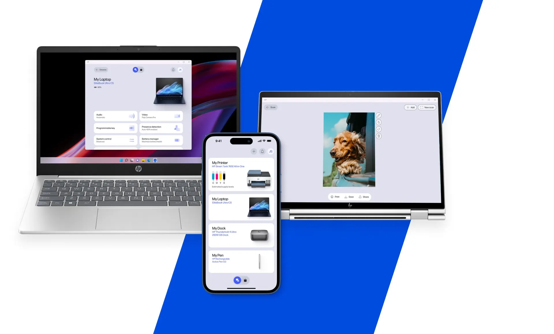 The HP app shown across laptop, tablet and phone
