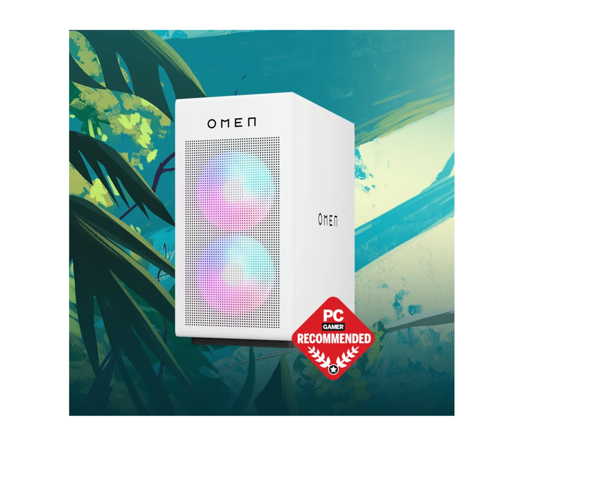 OMEN 45L gaming desktop tower with rainbow RGB fans glowing through glass