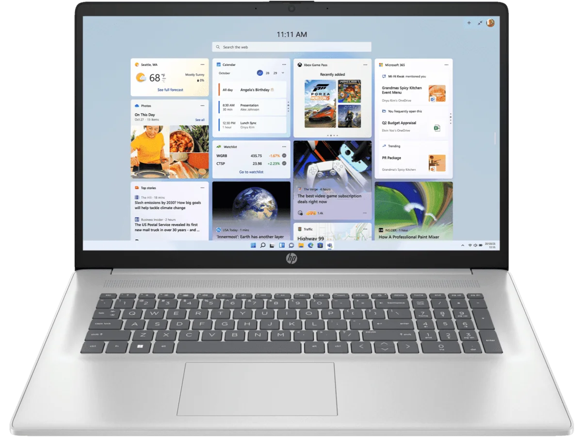 HP 17 inch laptop in natural silver with a large display