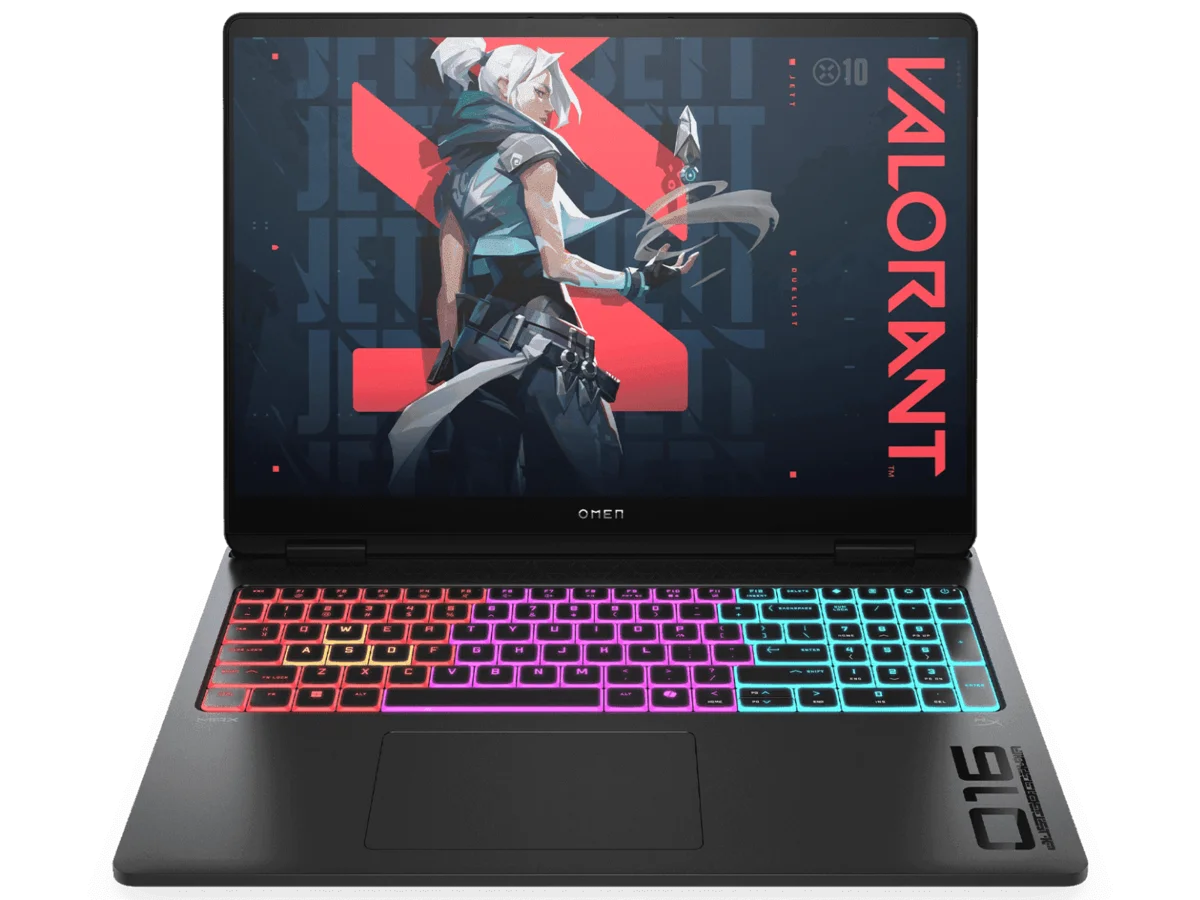 HP OMEN MAX 16 gaming laptop with RGB keyboard and a vivid battle scene on screen