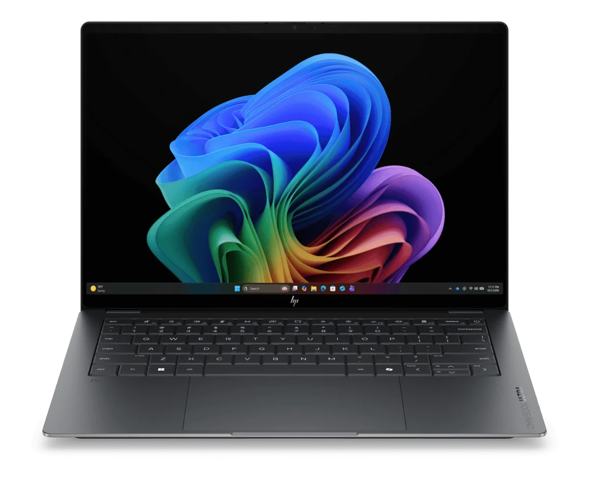 HP OmniBook Ultra 14 in Eclipse Grey, lid open with a vivid OLED screen