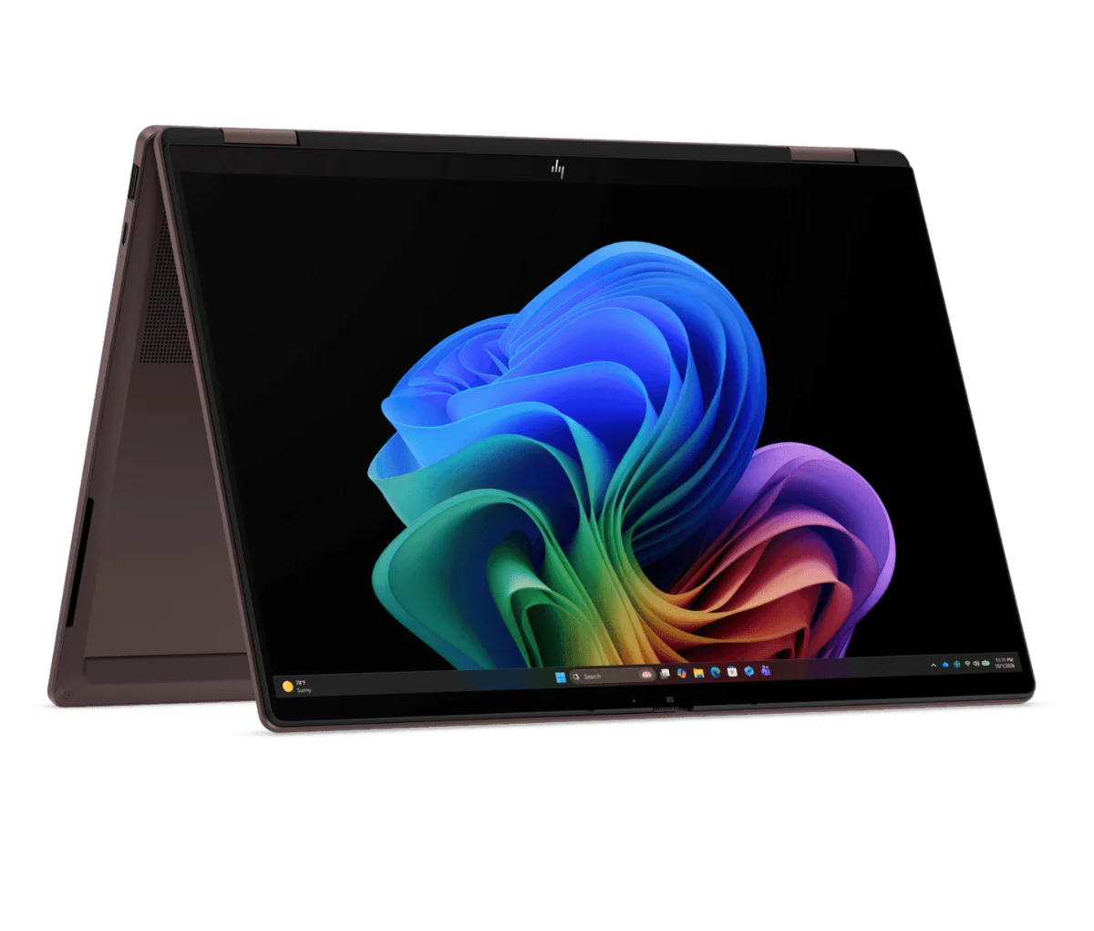 HP OmniBook X Flip 14 in Deep Espresso, folded into tent mode beside its stylus